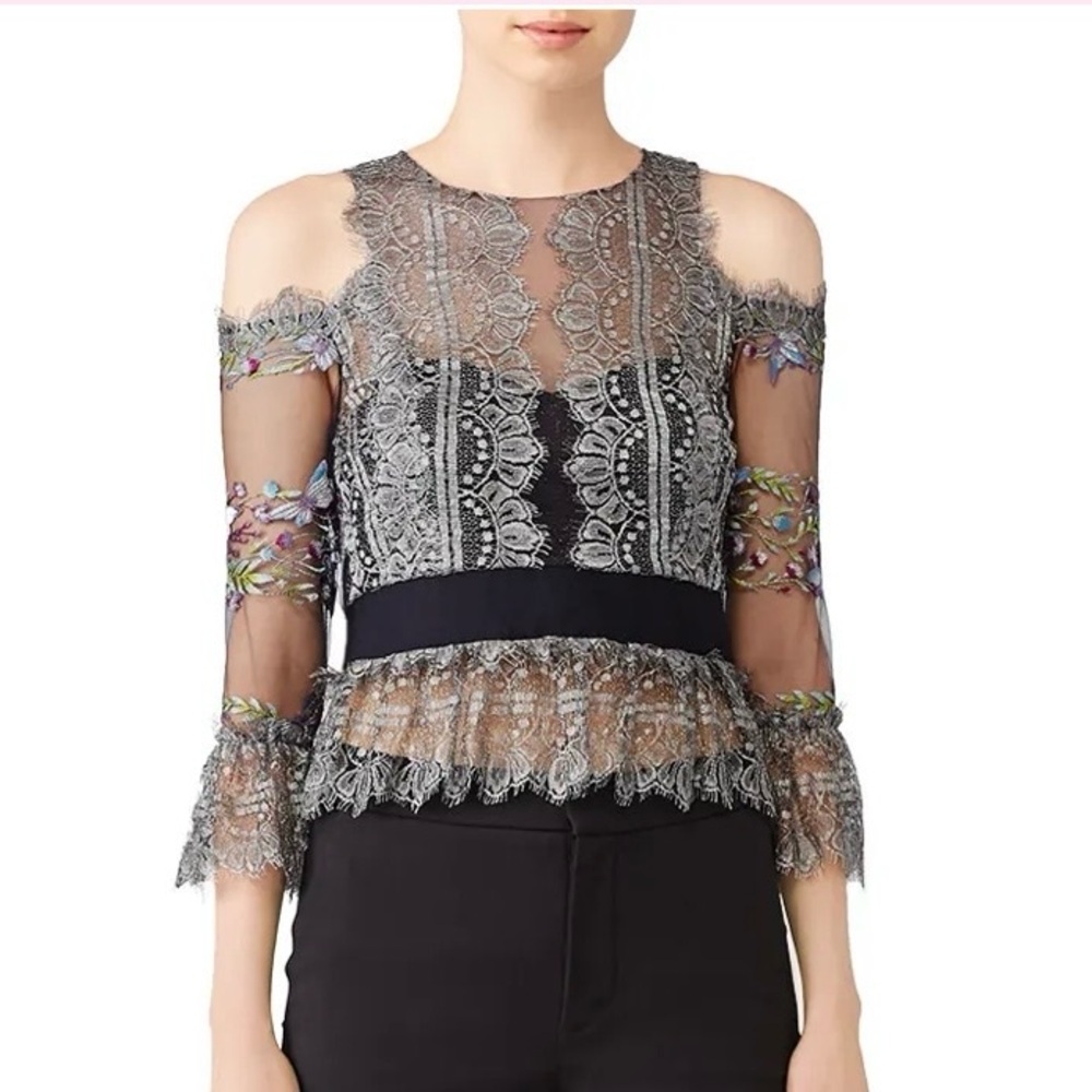 Marchesa Notte Floral Lace Peplum Top